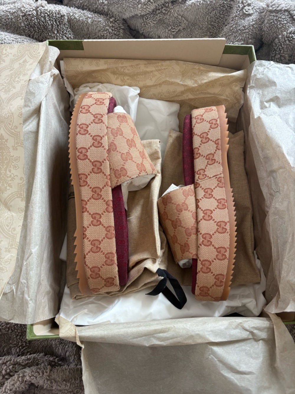 Gucci Beige Canvas GG Logo Platform Sandals with Pink Accents